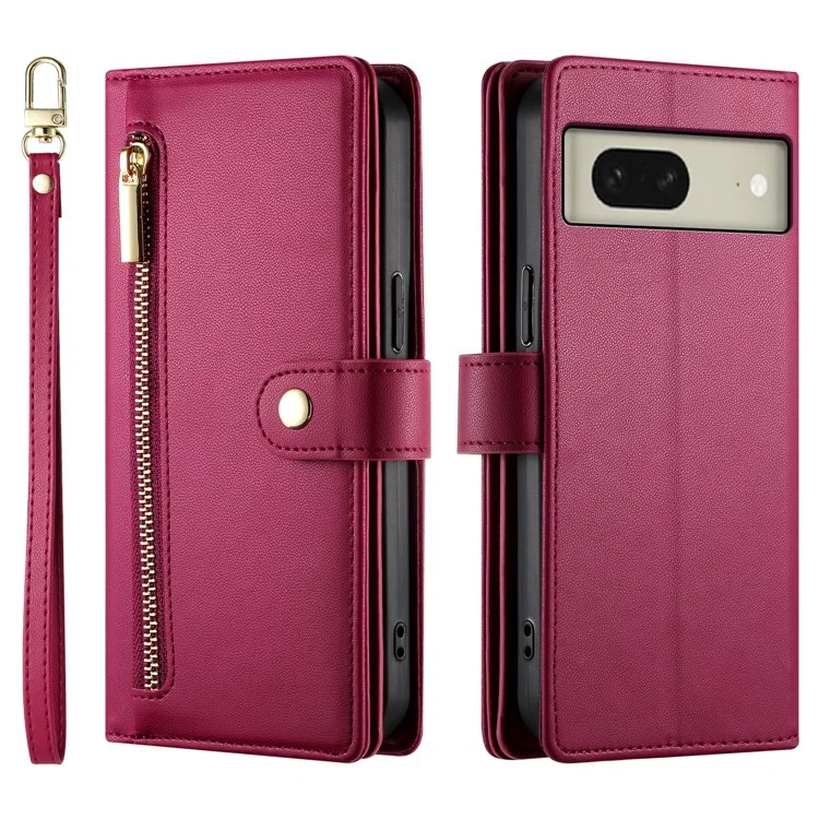 DF-011 For Google Pixel 8 Case Crossbody Leather Phone Cover with Zipper Wallet Card Slots - Rojo