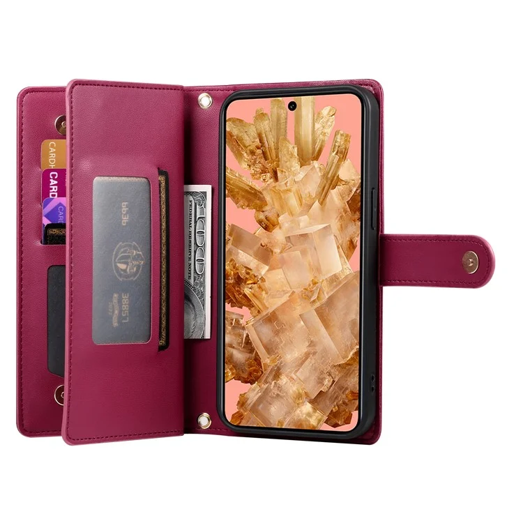 DF-011 For Google Pixel 8 Case Crossbody Leather Phone Cover with Zipper Wallet Card Slots - Rojo