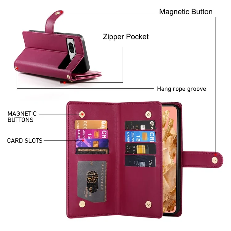 DF-011 For Google Pixel 8 Case Crossbody Leather Phone Cover with Zipper Wallet Card Slots - Rojo