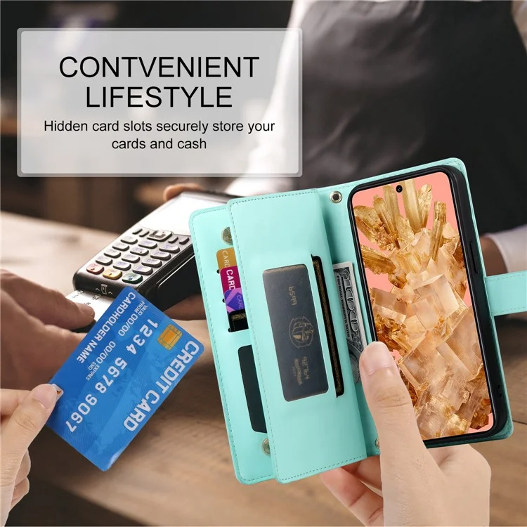 DF-011 For Google Pixel 8 Case Crossbody Leather Phone Cover with Zipper Wallet Card Slots - Mint Green