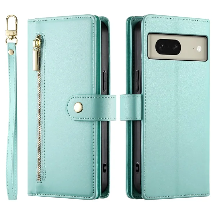 DF-011 For Google Pixel 8 Case Crossbody Leather Phone Cover with Zipper Wallet Card Slots - Mint Green