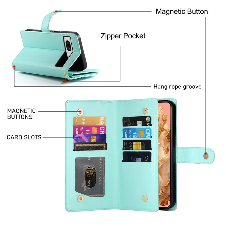 DF-011 For Google Pixel 8 Case Crossbody Leather Phone Cover with Zipper Wallet Card Slots - Mint Green