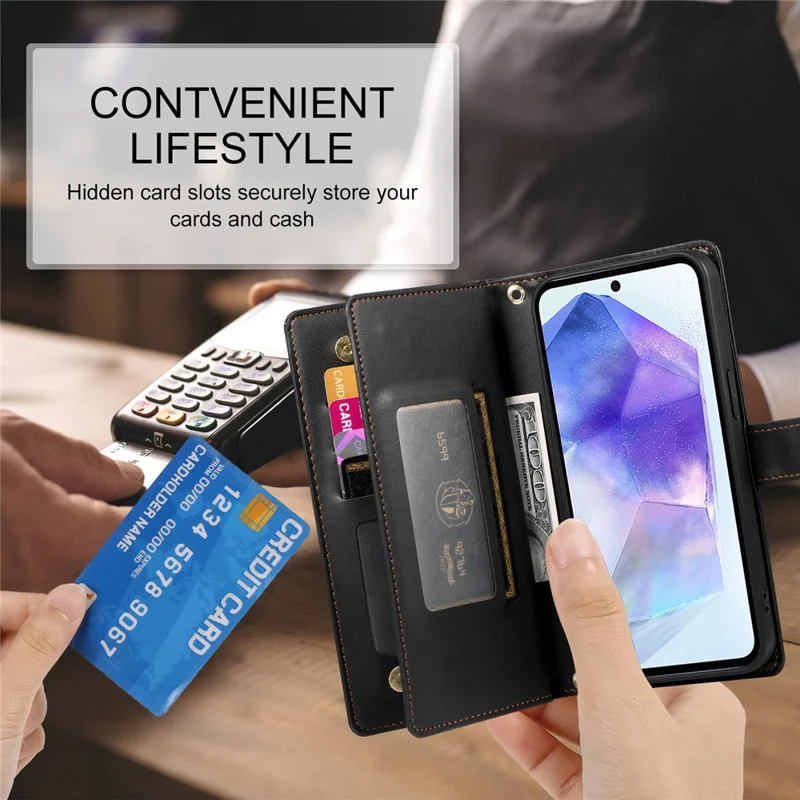 DF-011 For Samsung Galaxy A55 5G Case Zipper Pocket Leather Cover with Multiple Card Slots - Black