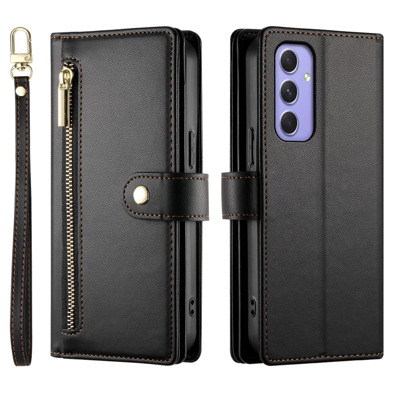 DF-011 For Samsung Galaxy A55 5G Case Zipper Pocket Leather Cover with Multiple Card Slots - Black