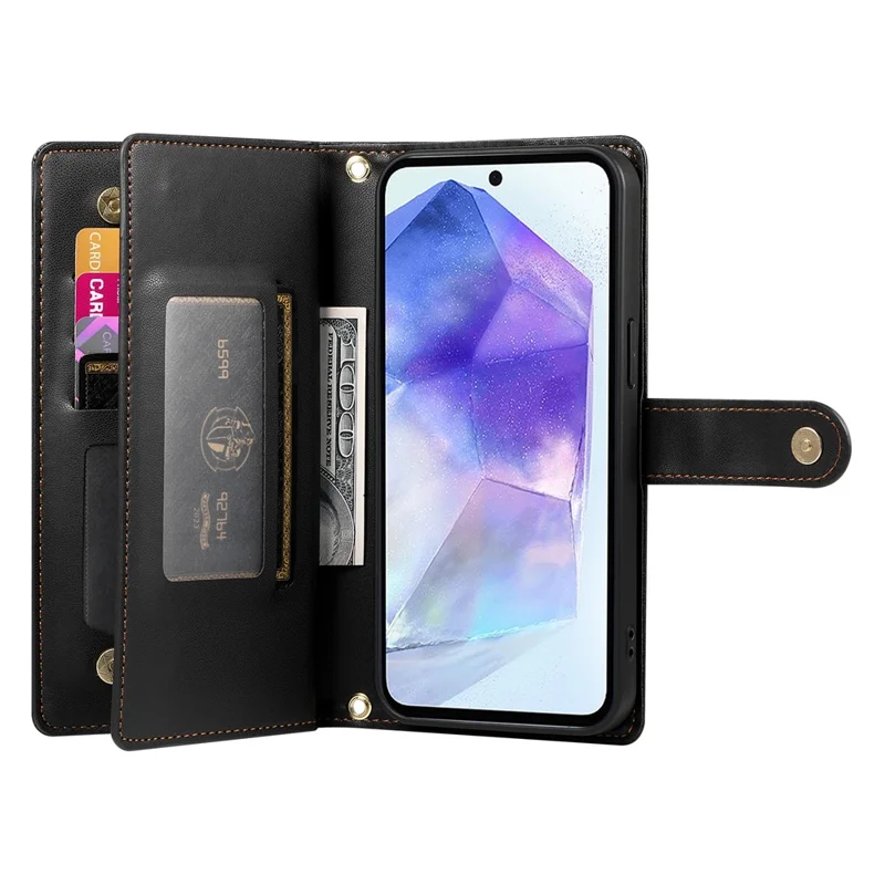 DF-011 For Samsung Galaxy A55 5G Case Zipper Pocket Leather Cover with Multiple Card Slots - Black