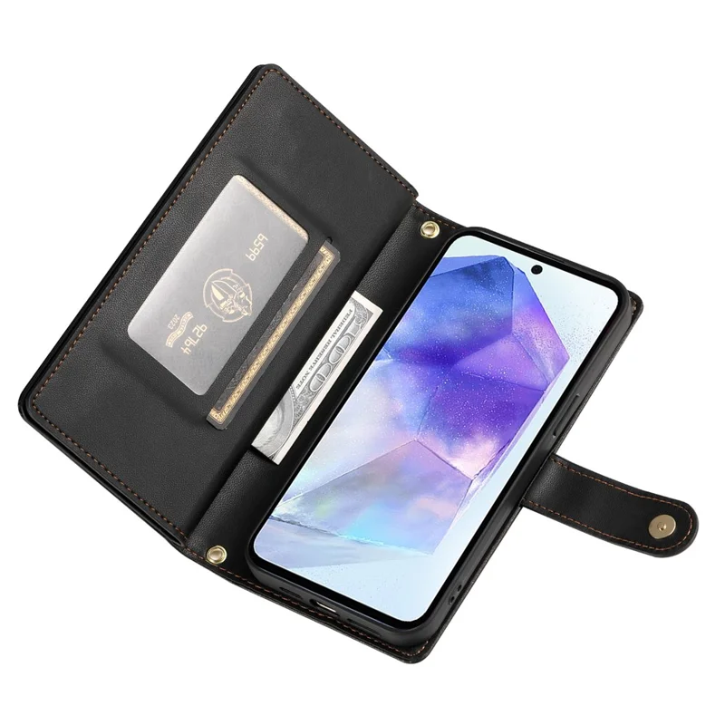 DF-011 For Samsung Galaxy A55 5G Case Zipper Pocket Leather Cover with Multiple Card Slots - Black