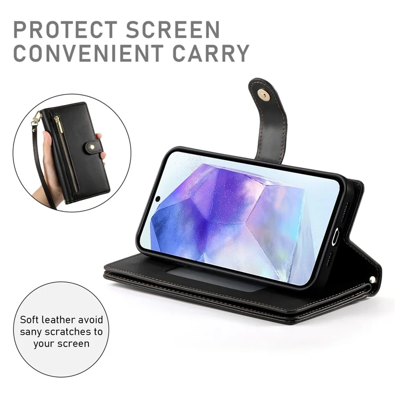 DF-011 For Samsung Galaxy A55 5G Case Zipper Pocket Leather Cover with Multiple Card Slots - Black