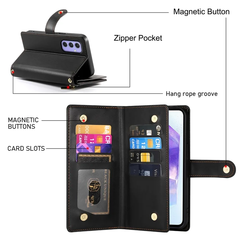 DF-011 For Samsung Galaxy A55 5G Case Zipper Pocket Leather Cover with Multiple Card Slots - Black