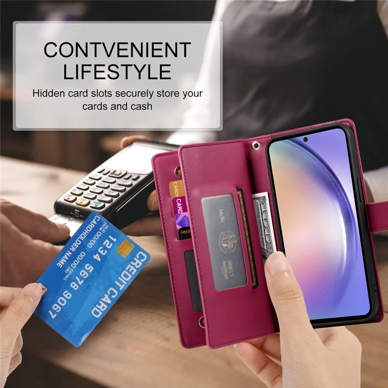 DF-011 For Samsung Galaxy A54 5G Case Zipper Phone Leather Cover with Shoulder Strap - Red