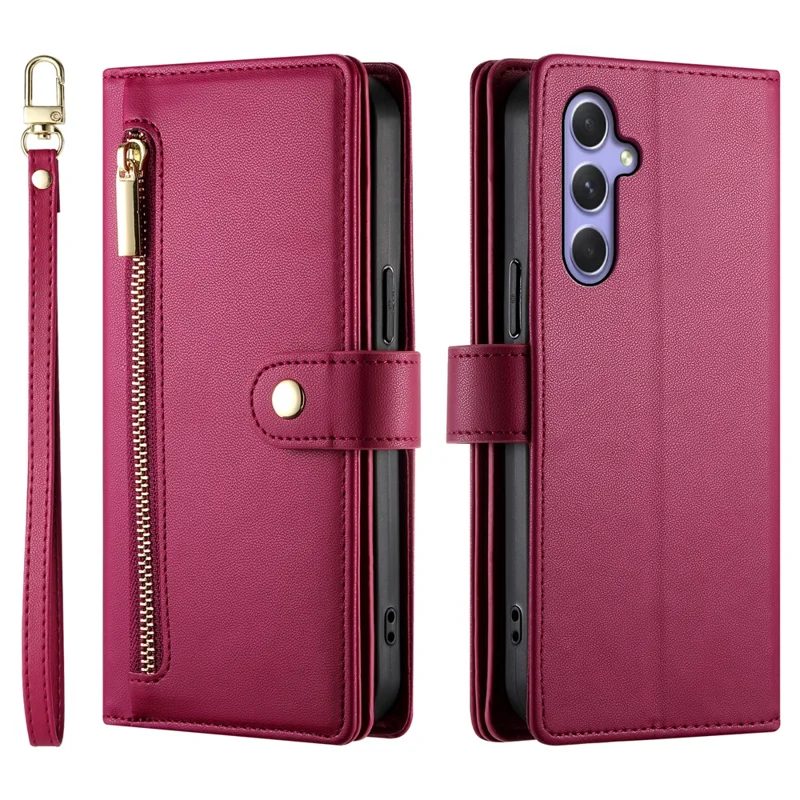 DF-011 For Samsung Galaxy A54 5G Case Zipper Phone Leather Cover with Shoulder Strap - Red