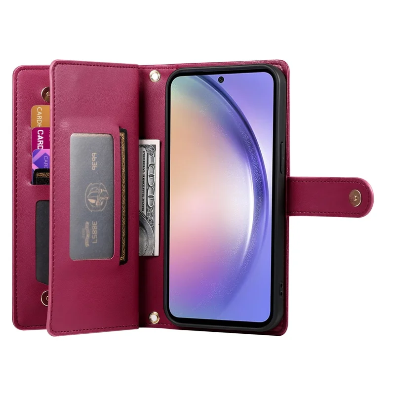DF-011 For Samsung Galaxy A54 5G Case Zipper Phone Leather Cover with Shoulder Strap - Red
