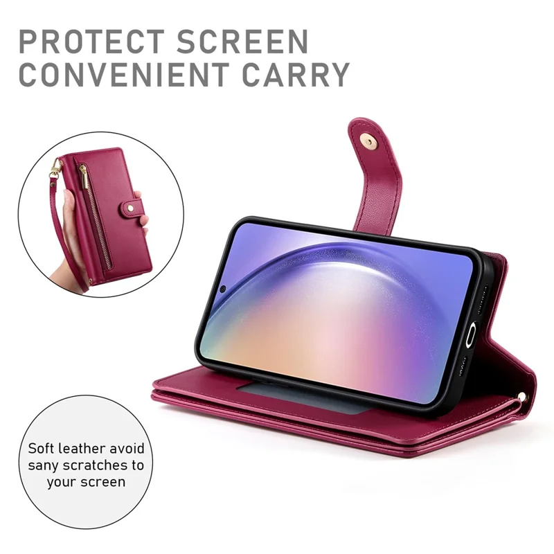 DF-011 For Samsung Galaxy A54 5G Case Zipper Phone Leather Cover with Shoulder Strap - Red