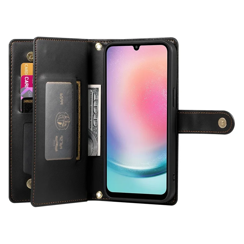 DF-011 For Samsung Galaxy A24 4G (162.1 X 77.6 X 8.3mm) Case Zipper Wallet Leather Phone Cover - Black
