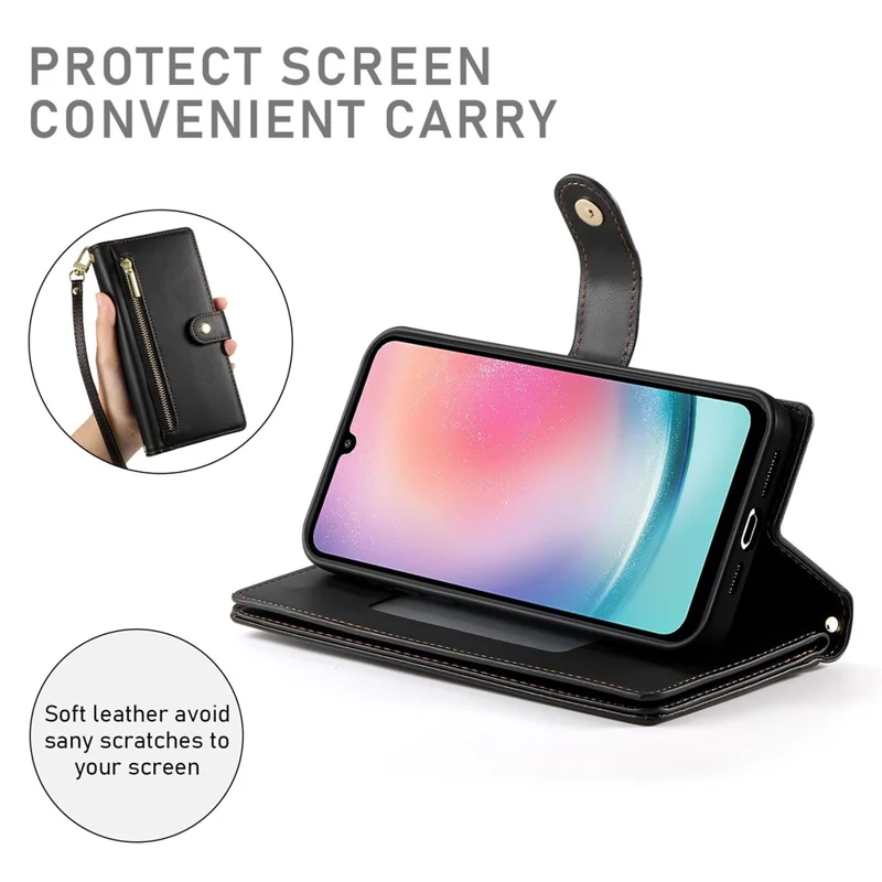 DF-011 For Samsung Galaxy A24 4G (162.1 X 77.6 X 8.3mm) Case Zipper Wallet Leather Phone Cover - Black