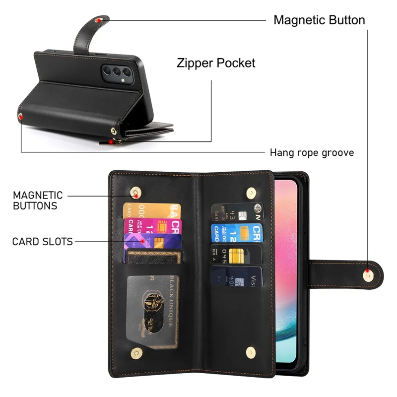 DF-011 For Samsung Galaxy A24 4G (162.1 X 77.6 X 8.3mm) Case Zipper Wallet Leather Phone Cover - Black