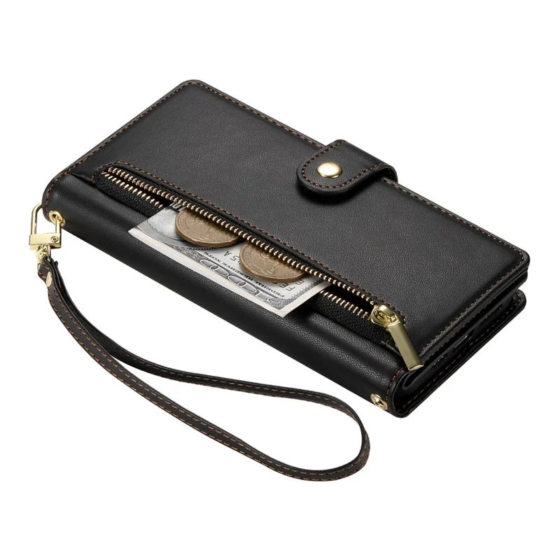 DF-011 For Samsung Galaxy A24 4G (162.1 X 77.6 X 8.3mm) Case Zipper Wallet Leather Phone Cover - Black