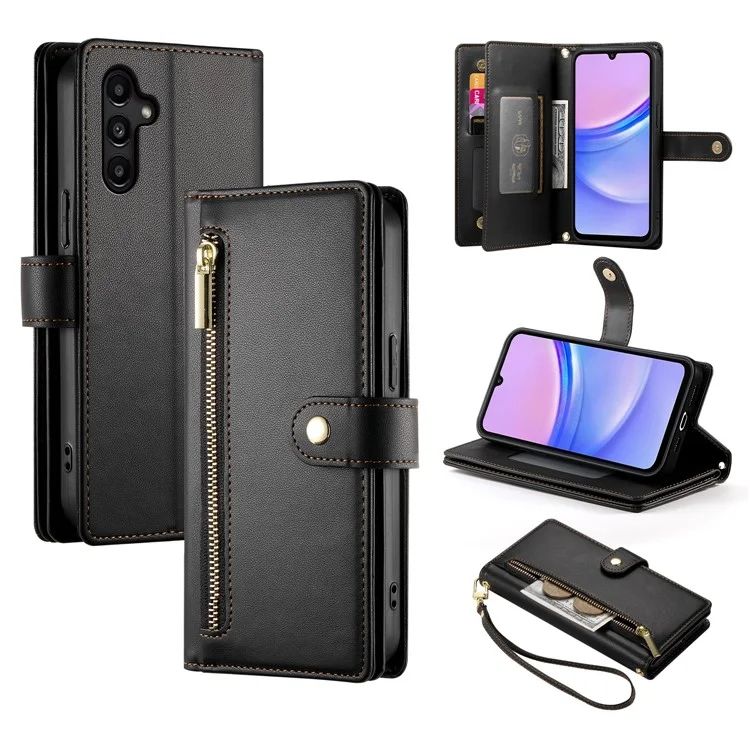 DF-011 For Samsung Galaxy A15 4G / 5G Wallet Case Zipper Leather Phone Bag with Shoulder Strap - Black