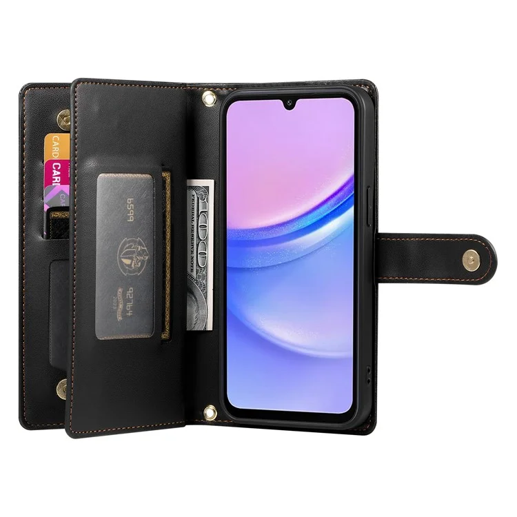 DF-011 For Samsung Galaxy A15 4G / 5G Wallet Case Zipper Leather Phone Bag with Shoulder Strap - Black
