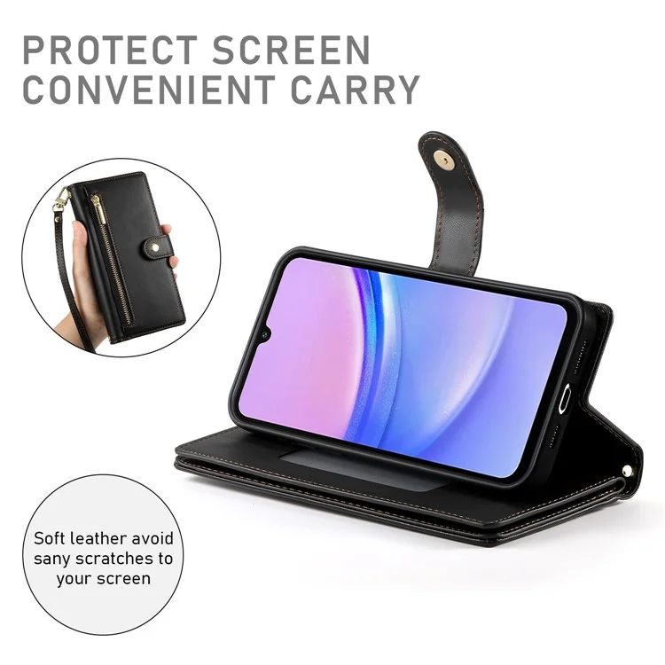 DF-011 For Samsung Galaxy A15 4G / 5G Wallet Case Zipper Leather Phone Bag with Shoulder Strap - Black