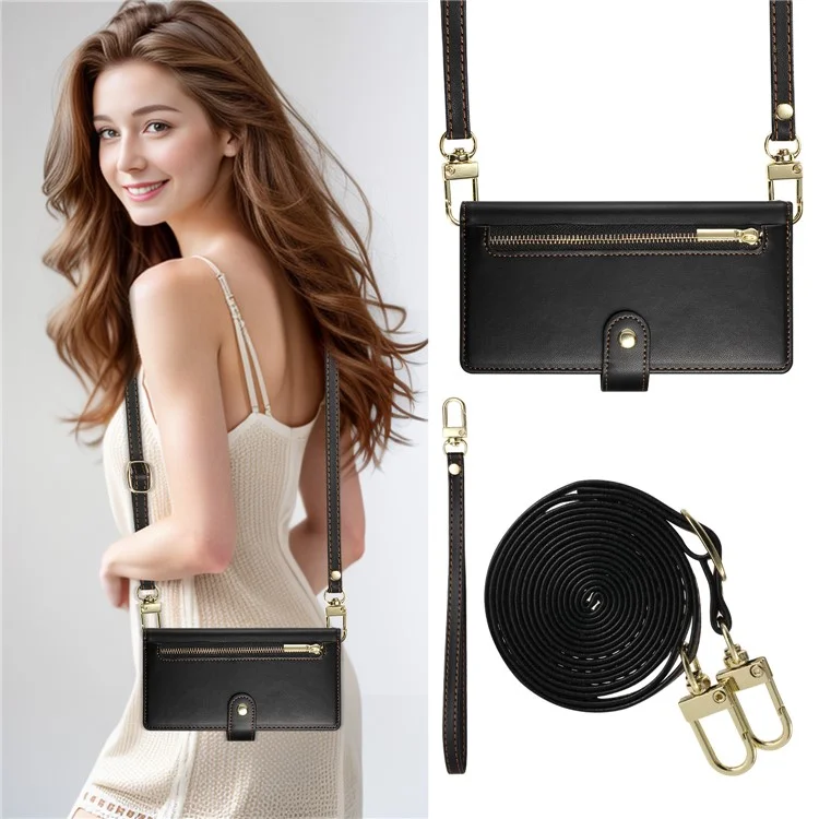 DF-011 For Samsung Galaxy A15 4G / 5G Wallet Case Zipper Leather Phone Bag with Shoulder Strap - Black