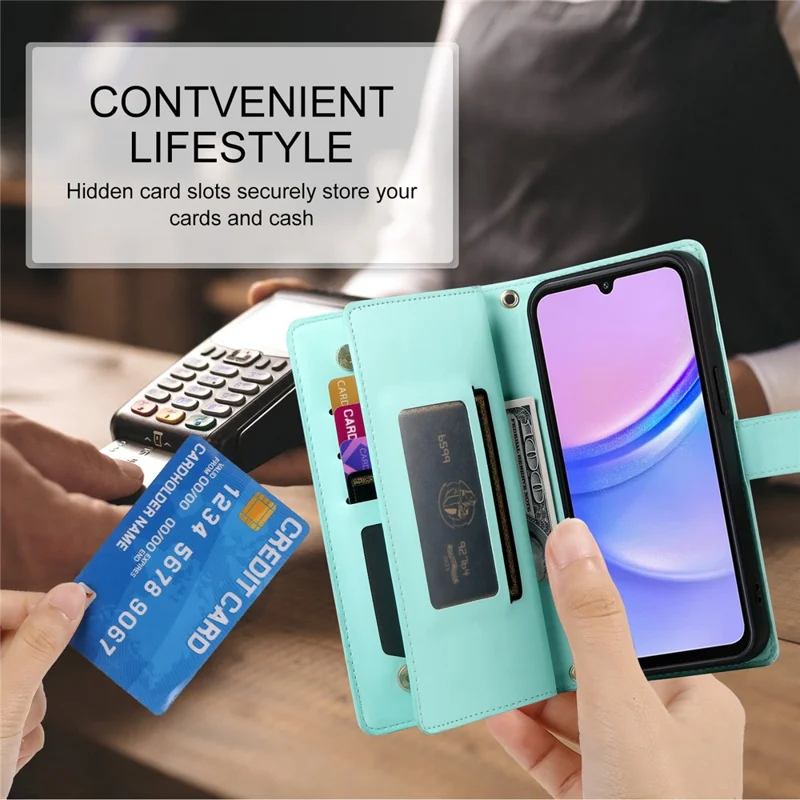 DF-011 For Samsung Galaxy A15 4G / 5G Wallet Case Zipper Leather Phone Bag with Shoulder Strap - Mint Green