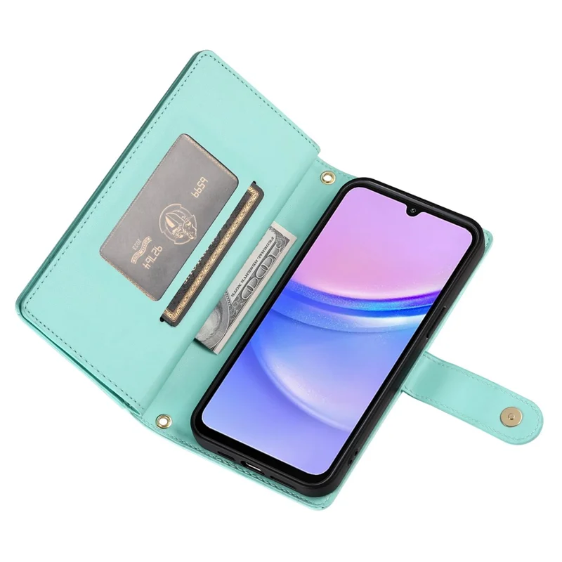 DF-011 For Samsung Galaxy A15 4G / 5G Wallet Case Zipper Leather Phone Bag with Shoulder Strap - Mint Green
