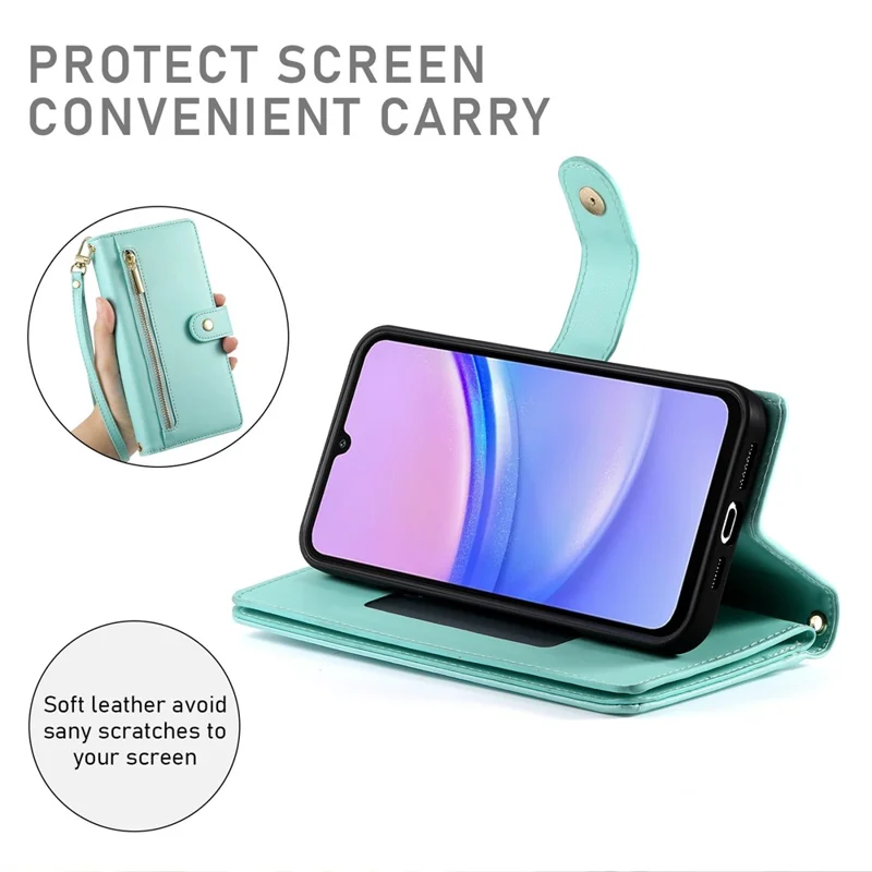 DF-011 For Samsung Galaxy A15 4G / 5G Wallet Case Zipper Leather Phone Bag with Shoulder Strap - Mint Green