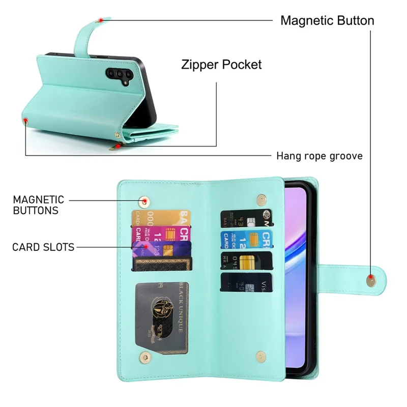 DF-011 For Samsung Galaxy A15 4G / 5G Wallet Case Zipper Leather Phone Bag with Shoulder Strap - Mint Green