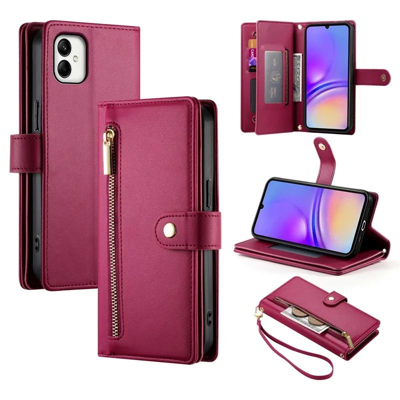 DF-011 Para Samsung Galaxy A05 4G Capa Bolso Zipper Flip Leather Phone Cover com Alça de Ombro - Vermelho