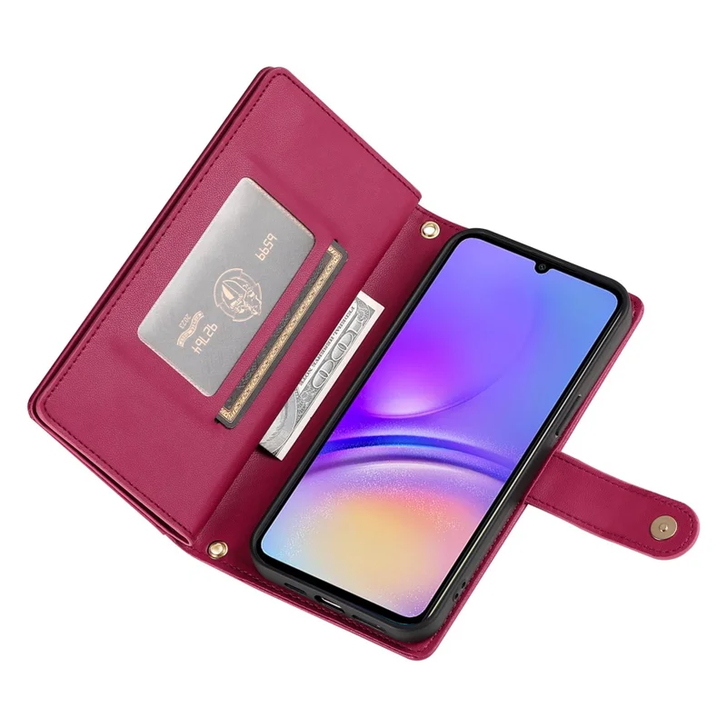DF-011 Para Samsung Galaxy A05 4G Capa Bolso Zipper Flip Leather Phone Cover com Alça de Ombro - Vermelho