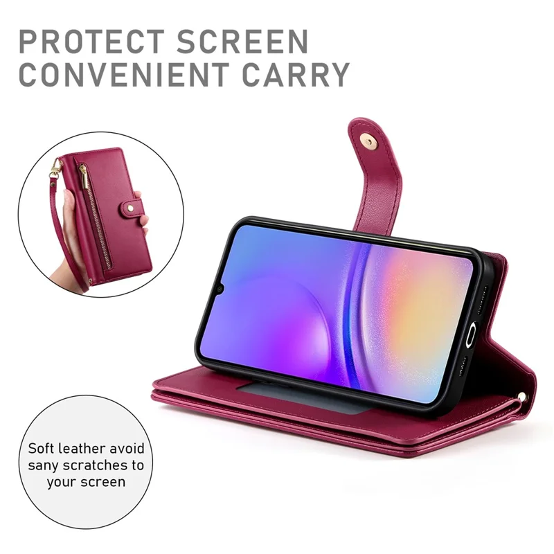 DF-011 Para Samsung Galaxy A05 4G Capa Bolso Zipper Flip Leather Phone Cover com Alça de Ombro - Vermelho