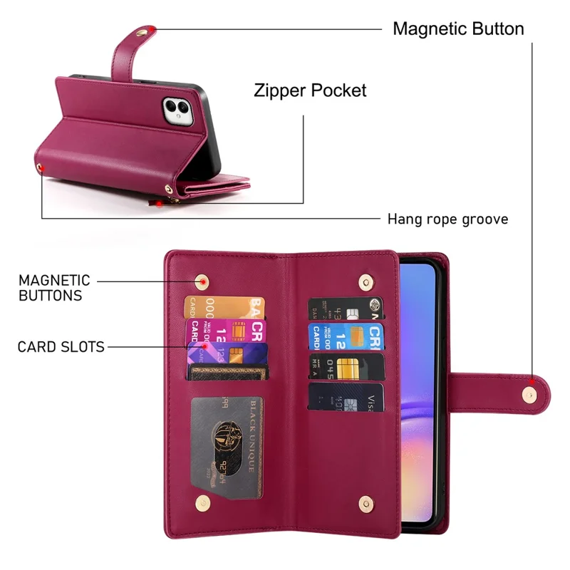 DF-011 Para Samsung Galaxy A05 4G Capa Bolso Zipper Flip Leather Phone Cover com Alça de Ombro - Vermelho