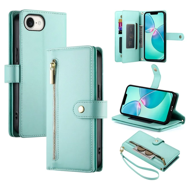 DF-011 For iPhone 17e / 16e Case Zipper Wallet PU Leather Crossbody Phone Bag - Mint Green