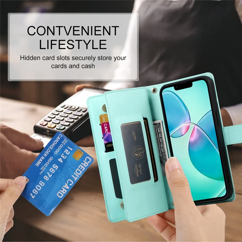 DF-011 For iPhone 17e / 16e Case Zipper Wallet PU Leather Crossbody Phone Bag - Mint Green
