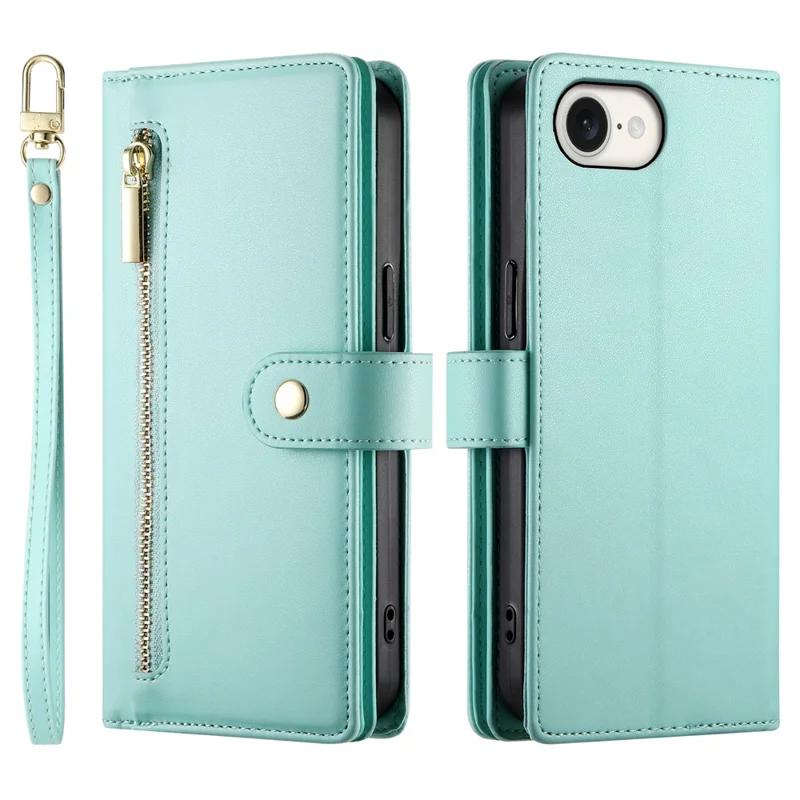 DF-011 For iPhone 17e / 16e Case Zipper Wallet PU Leather Crossbody Phone Bag - Mint Green