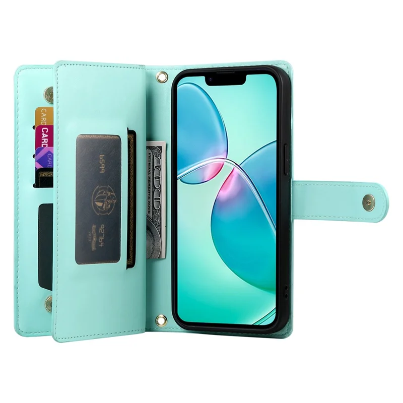 DF-011 For iPhone 17e / 16e Case Zipper Wallet PU Leather Crossbody Phone Bag - Mint Green