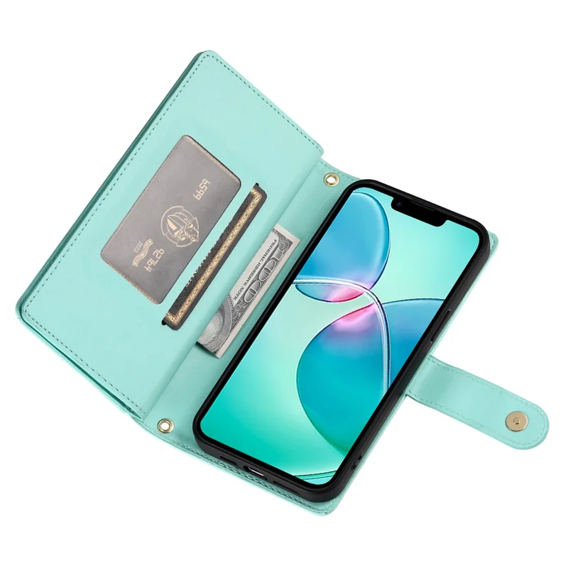DF-011 For iPhone 17e / 16e Case Zipper Wallet PU Leather Crossbody Phone Bag - Mint Green