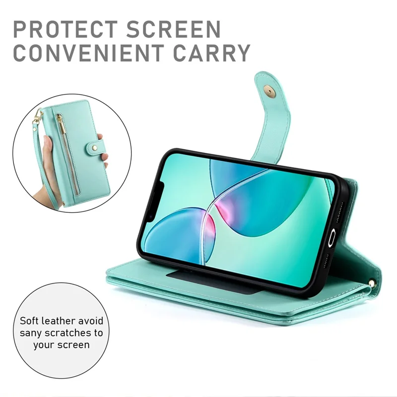 DF-011 For iPhone 17e / 16e Case Zipper Wallet PU Leather Crossbody Phone Bag - Mint Green