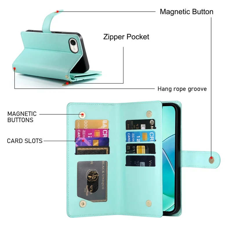 DF-011 For iPhone 17e / 16e Case Zipper Wallet PU Leather Crossbody Phone Bag - Mint Green