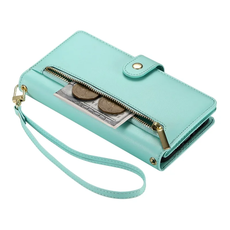 DF-011 For iPhone 17e / 16e Case Zipper Wallet PU Leather Crossbody Phone Bag - Mint Green