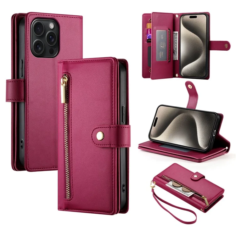 DF-011 Funda de cuero con cremallera y bandolera para iPhone 15 Pro Max, cubierta de teléfono con soporte - Rojo
