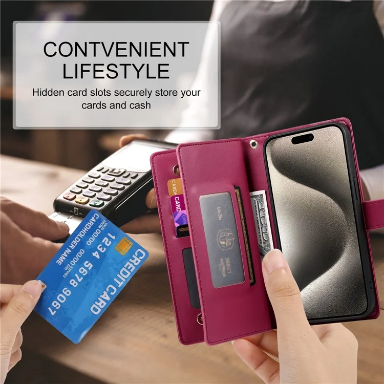 DF-011 Funda de cuero con cremallera y bandolera para iPhone 15 Pro Max, cubierta de teléfono con soporte - Rojo