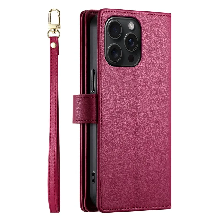 DF-011 Funda de cuero con cremallera y bandolera para iPhone 15 Pro Max, cubierta de teléfono con soporte - Rojo