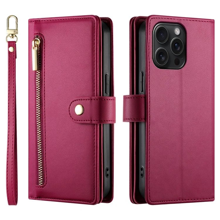 DF-011 Funda de cuero con cremallera y bandolera para iPhone 15 Pro Max, cubierta de teléfono con soporte - Rojo