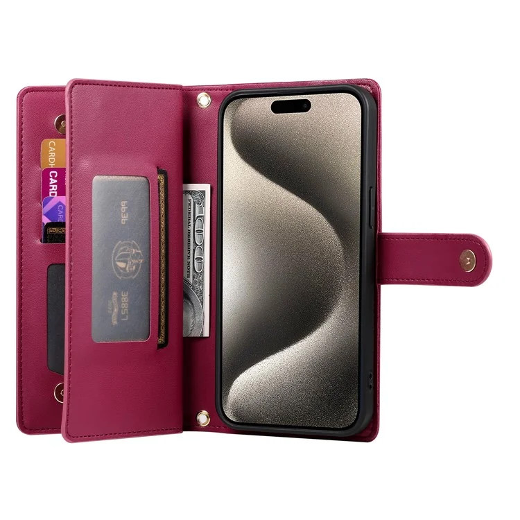 DF-011 Funda de cuero con cremallera y bandolera para iPhone 15 Pro Max, cubierta de teléfono con soporte - Rojo