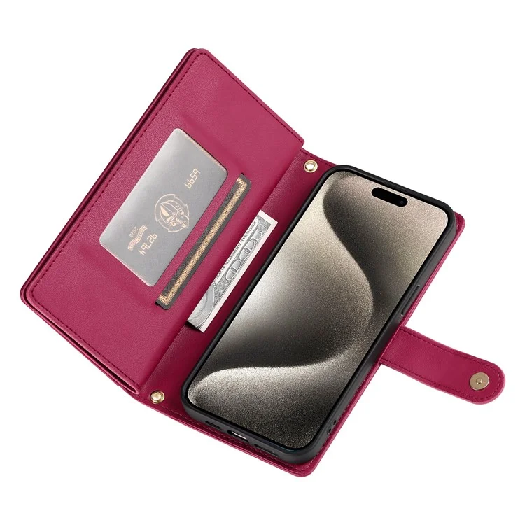 DF-011 Funda de cuero con cremallera y bandolera para iPhone 15 Pro Max, cubierta de teléfono con soporte - Rojo