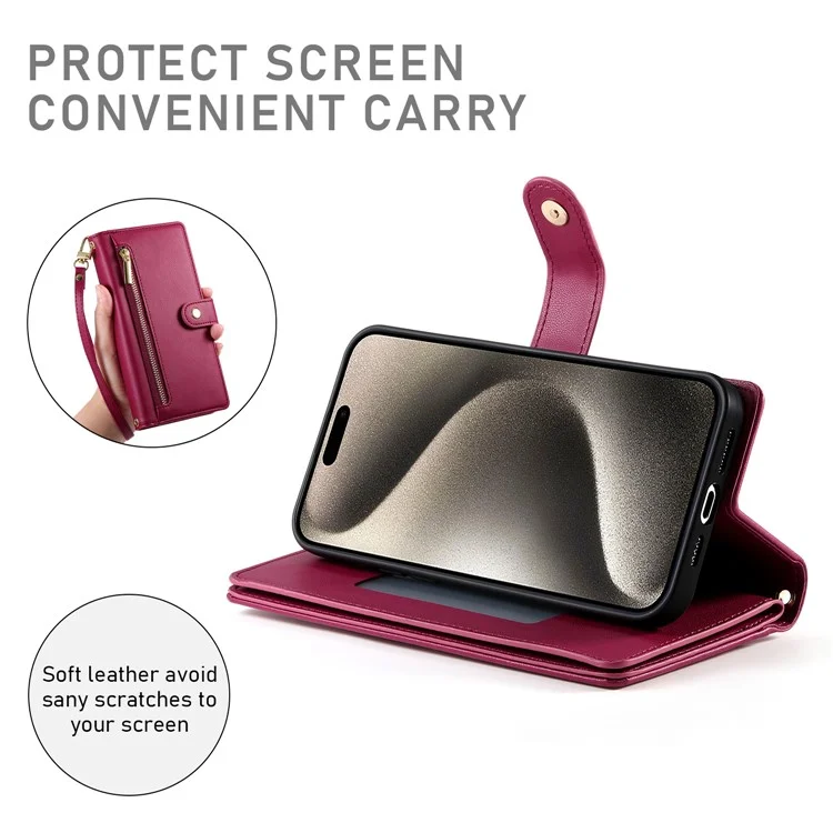 DF-011 Funda de cuero con cremallera y bandolera para iPhone 15 Pro Max, cubierta de teléfono con soporte - Rojo