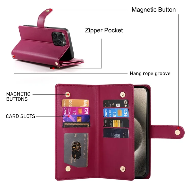 DF-011 Funda de cuero con cremallera y bandolera para iPhone 15 Pro Max, cubierta de teléfono con soporte - Rojo