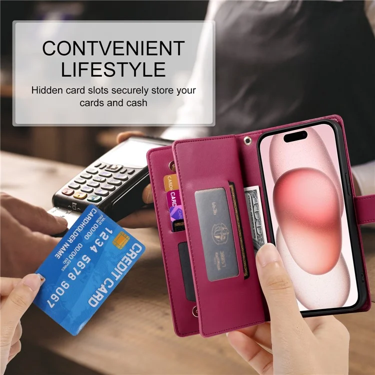 DF-011 For iPhone 15 Case Crossbody Leather Cover with Zipper Pocket Multiple Card Slots - Red