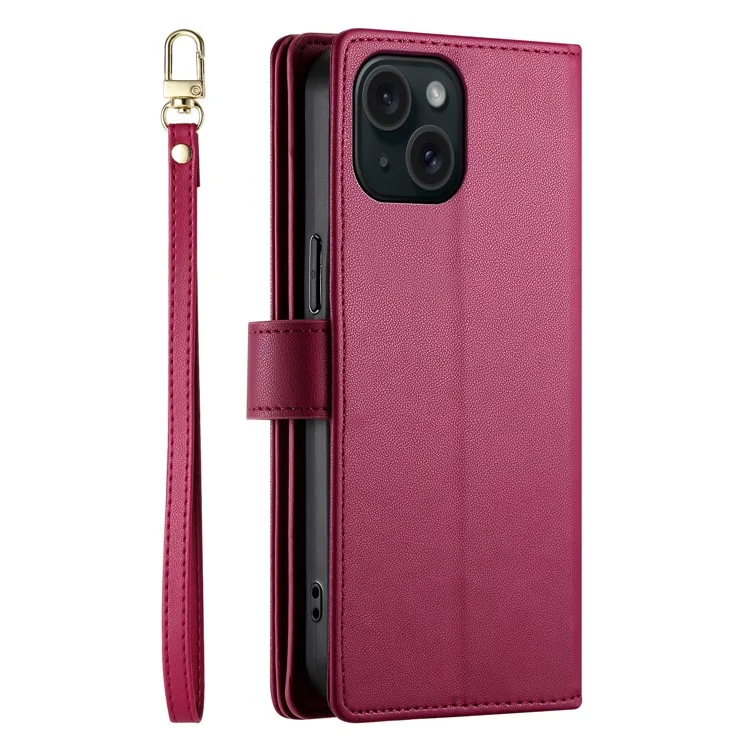 DF-011 For iPhone 15 Case Crossbody Leather Cover with Zipper Pocket Multiple Card Slots - Red